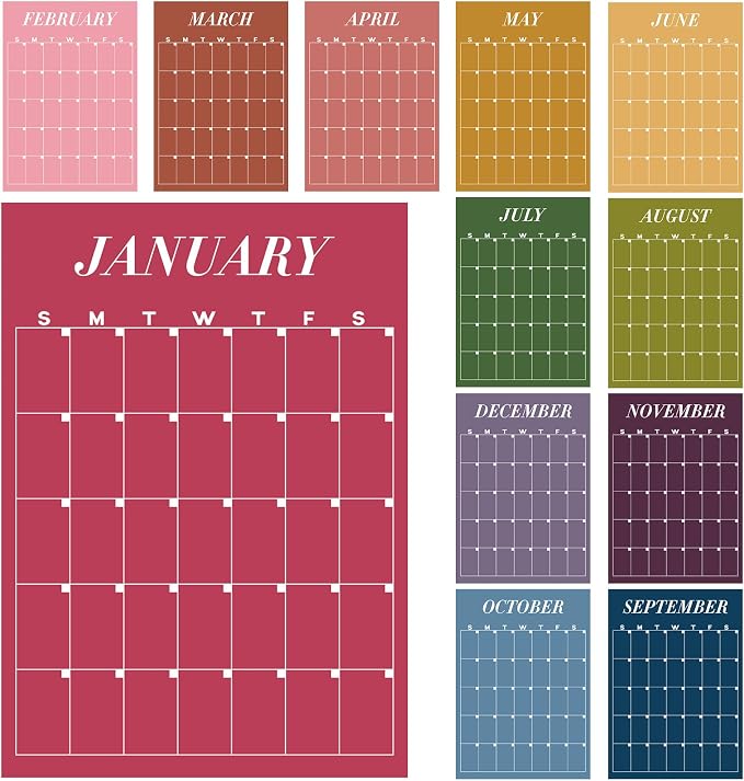 Fullhawl Undated Wall Calendar, Colorful, 12 Pcs | for Classroom Office Home, Dry Erase Reusable Design, 16''x12'' Large Size, Undated Yearly, Back to School Christmas Supplies