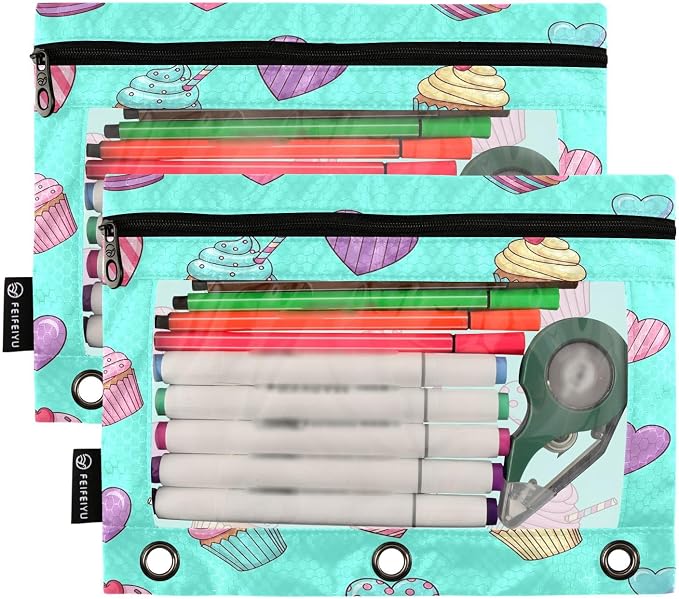 Gredecor 3 Ring Binder Pencil Pouch, Colorful Cupcakes with Swirl Zippered Pen Case Pouches with Clear Window, 2 Pack Stylish Office & School Supplie