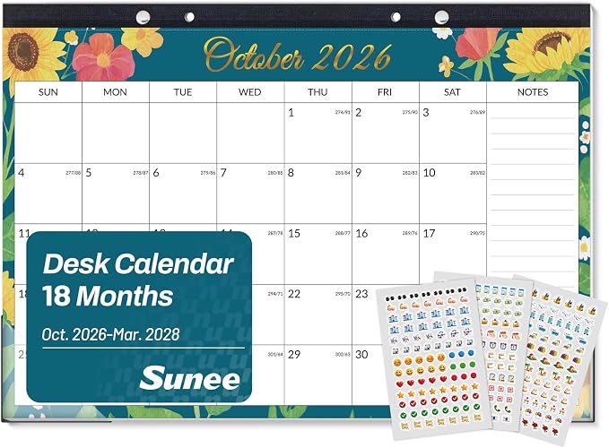 SUNEE Desk Calendar 2027 - 17" x 12" Desk Pad Calendar, 18-Month Monthly Planner Oct. 2026 - Mar. 2028, Desktop Calendar with 308 Planner Stickers, Plastic Protective Corners for Office, School and Home, Floar