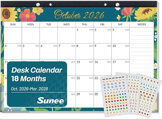 SUNEE Desk Calendar 2027 - 17" x 12" Desk Pad Calendar, 18-Month Monthly Planner Oct. 2026 - Mar. 2028, Desktop Calendar with 308 Planner Stickers, Plastic Protective Corners for Office, School and Home, Floar