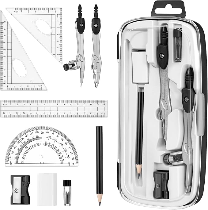 Zonon Math Geometry Set for Students 10 Pcs Compass Geometry Tools Kit Includes Protractor Compass Lead Refills Rulers Pencil Sharpener Eraser Pencil Storage Box for Drafting and Drawings(Black)