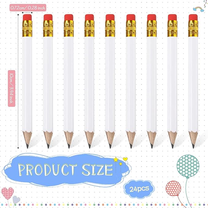 Zonon 24 Pcs White Golf Pencils with Erasers Mini Small Pencil Baby Shower Favors Bulk Hexagon Wooden Sharpened Half Graphite 2B for Golf Event, Bridal Shower, Party Game, School, Company, Pew, Pocket