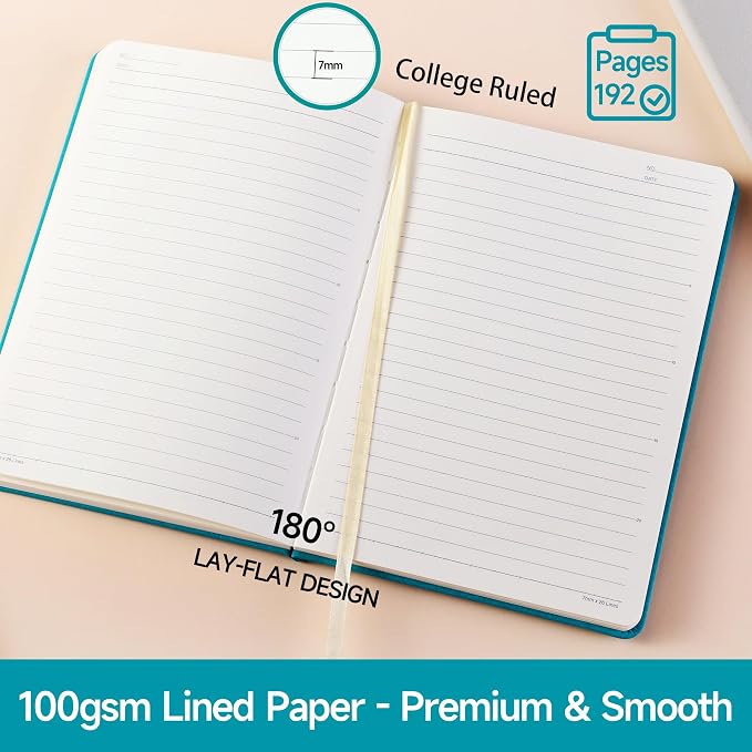 YULLOT Lined Journal Notebook –A5 PU Leather Hardcover Notebook, 100gsm Thick Bleedproof Paper with Inner Pocket – 192Pages Lined Writing Journal for Students Women Note Taking - Teal