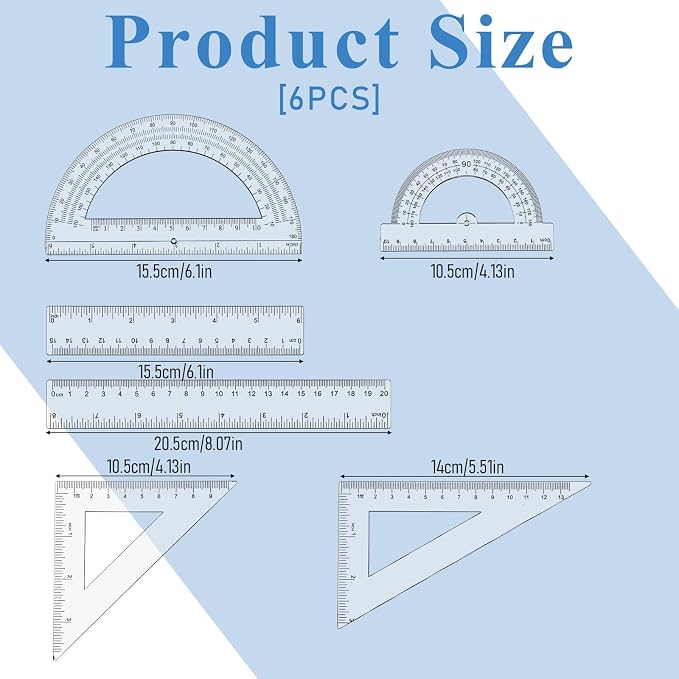 6 Pcs Geometry Set Transparent Plastic Clear Ruler Drafting Kit Includes Protractor Straight Ruler Triangle Rulers Clear Measuring Tools for Office Home Supplie