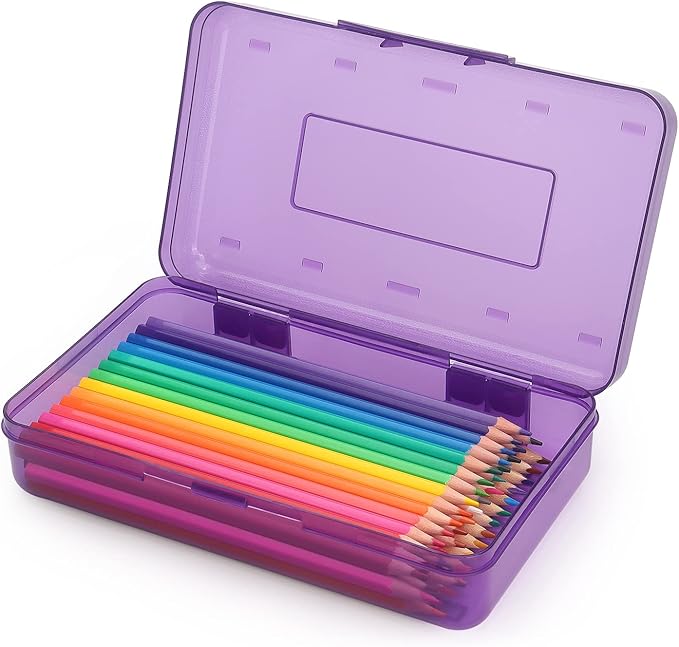Tamaki 1 Pack Plastic Pencil Box Large Capacity, Purple | Clear Boxes with Snap-tight Lid Stackable Design and Stylish Office Supplies Storage Organizer
