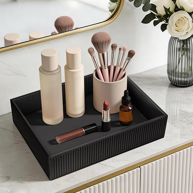 SITHON Valet Tray Desk Organizer PU Leather Catchall | Bedside Vanity Tray Nightstand Caddy Coin Box Key Jewelry Storage Organizer, Graduation, Stripe Black