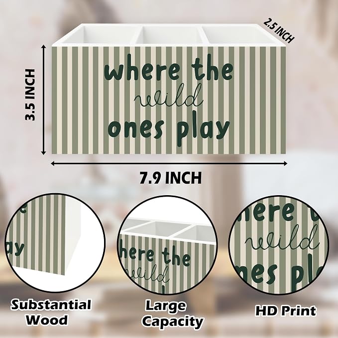 Kids Room Decor Pen Pencil Holder Organizer for Desk, Sage Green Striped Play Room Wooden Box Signs Decorations for Kids Boys Girls Room Bedroom Playroom Desk Tabletop