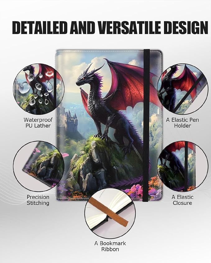 Hardcover Executive Notebooks, A5 PU Leather Lined Journal Notebook, 200 Pages Thick Paper Subject Notebooks for School,Work,Home Writing Business Notebook, Diary Book, Dragon and Fantasy Landscape