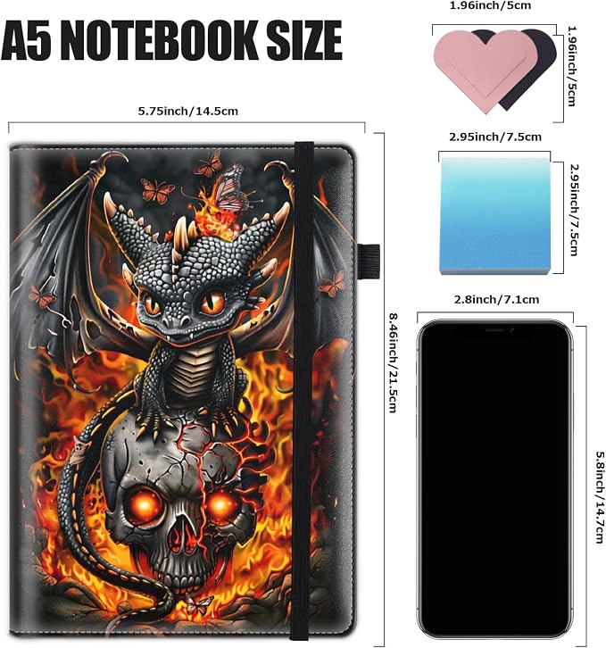 Hardcover Executive Notebooks, A5 PU Leather Lined Journal Notebook, 200 Pages Thick Paper Subject Notebooks for School,Work,Home Writing Business Notebook, Diary Book ，Black Baby Dragon and Skull