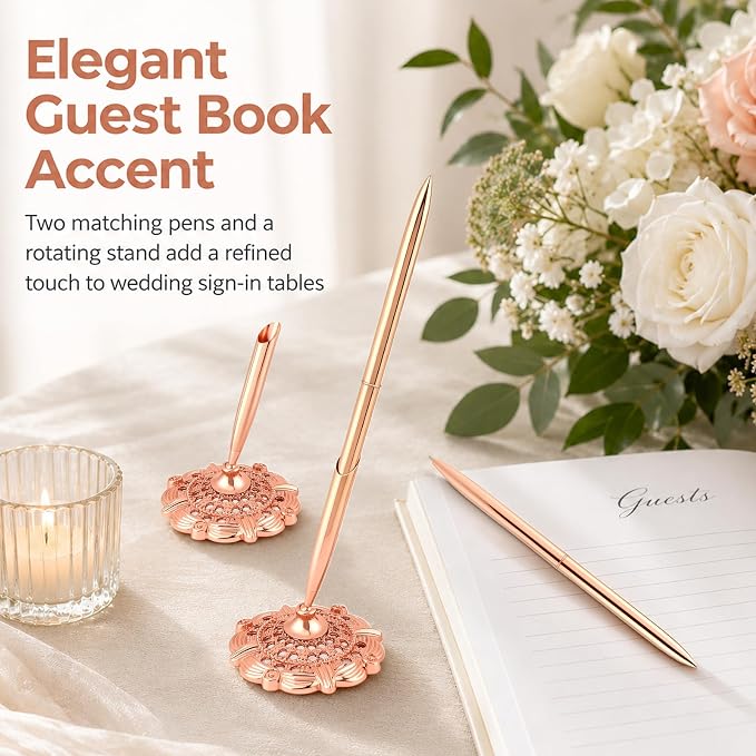 2 Pcs Gold Bridal Shower Pens for Guest Book with 360° Rotating Metal Pen Holder, Wedding Guest Book Signing Pen Set, Durable Metal Ballpoint Pens for Reception Table Decor