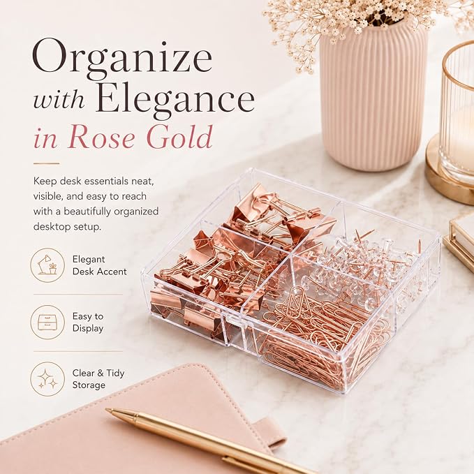 Cute Paper Clips Binder Clips Combo Set, 165 Psc, Assorted Size Paper Clips for Office, Cute Office Supplies Set, Rose-Gold