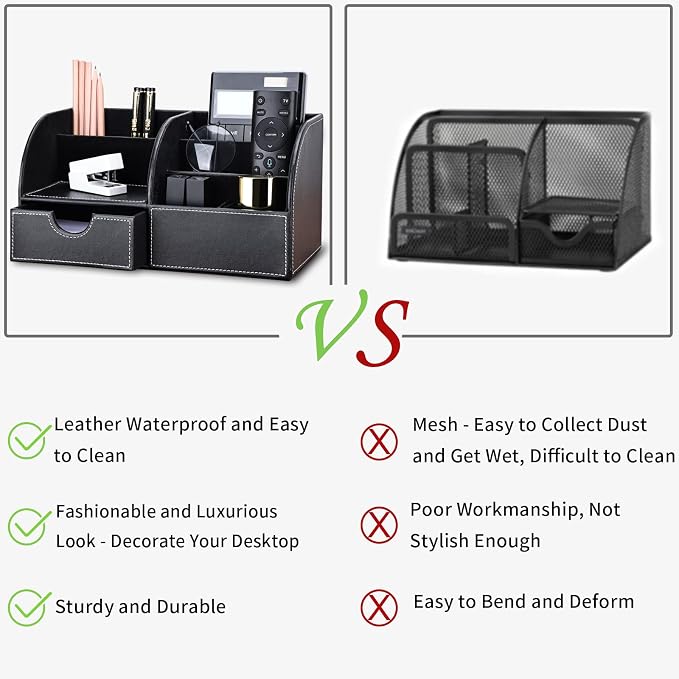 KINGFOM Pu Leather Desk Organizer Pen Pencil Holder Office Supplies Caddy Storage Box 6 Compartments with Drawer Black (Full Pu Leather)