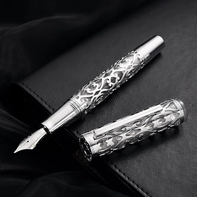 HONG DIAN D1 Piston Fountain Pen Extra Fine Nib, Hollow Skeleton & Resin Pen with Metal Case Set (Silver)