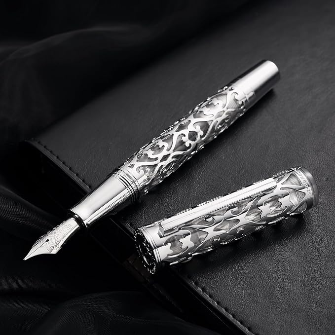 HONG DIAN D1 Piston Fountain Pen Fine Nib, Hollow Skeleton & Resin with Metal Case Set (Silver)