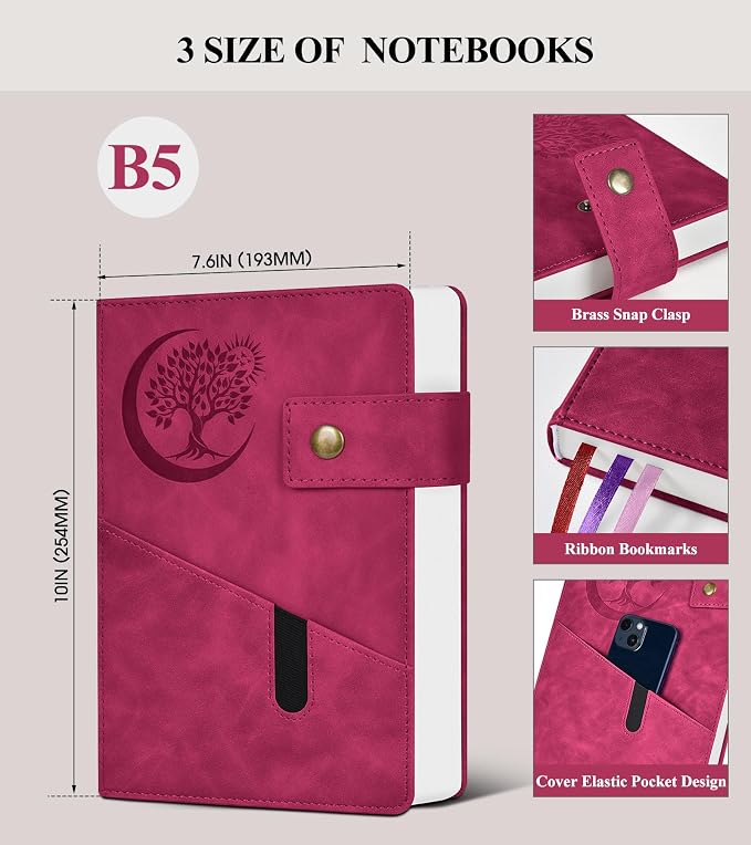 PAIBAS 7.6 x 10 Lined Notebook Journal 366 Pages Leather Journal for Women | Large notebook B5 journal with 100gsm lined notebook paper college ruled, 3 ribbon bookmarks, cover pocket & brass snap.