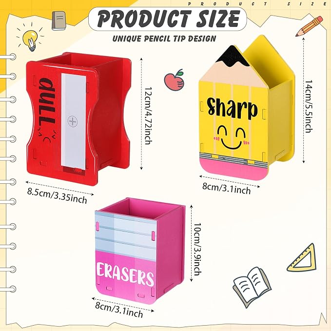 AmazingSpark 3 Pcs Pencil Shaped Holder Sharp and Eraser and Dull Holder Wooden Dispenser Pencil Storage Organizer for Back to School Management Organization (Bright,Erasers)