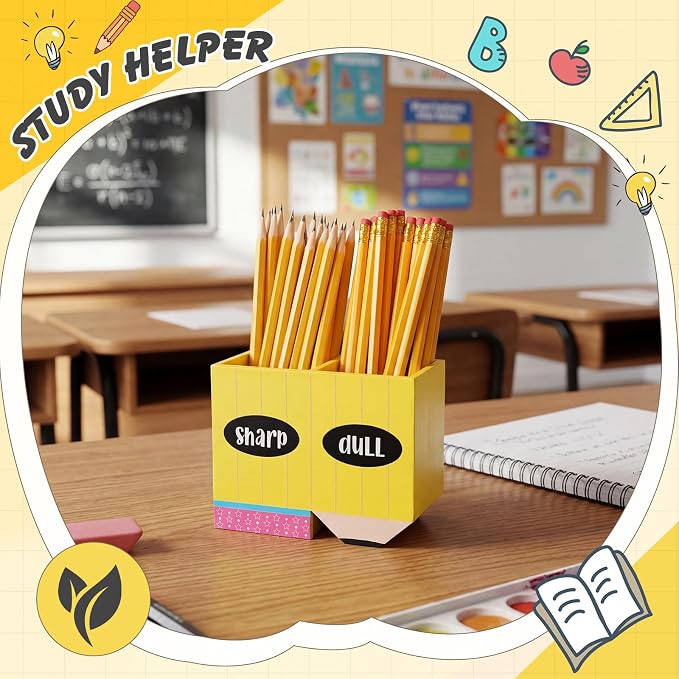 DoubleFill 1 Pcs Normal Pencil Shaped Holder Sharp Dull Holder Wooden Dispenser Pencil Storage with Classic Composition Notebook Design for Back to School Teachers Classroom Organization Accessories