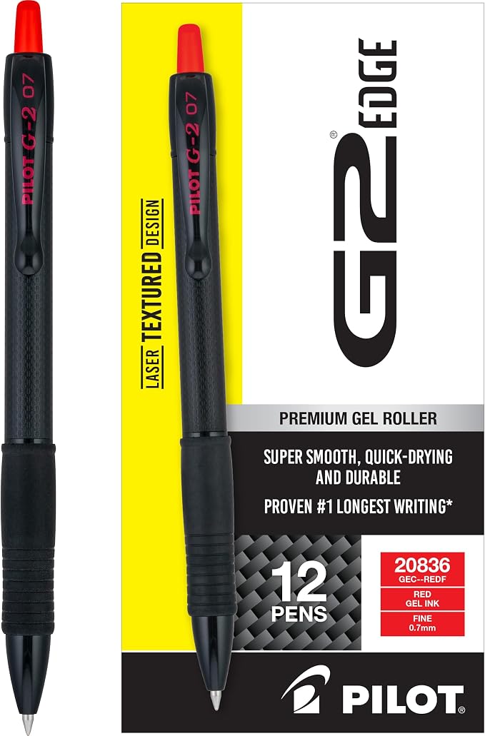 Pilot G2 Edge Red Pens, Premium Gel Roller Pens, Sensory Writing Experience, 12ct box, Fine Point 0.7 mm