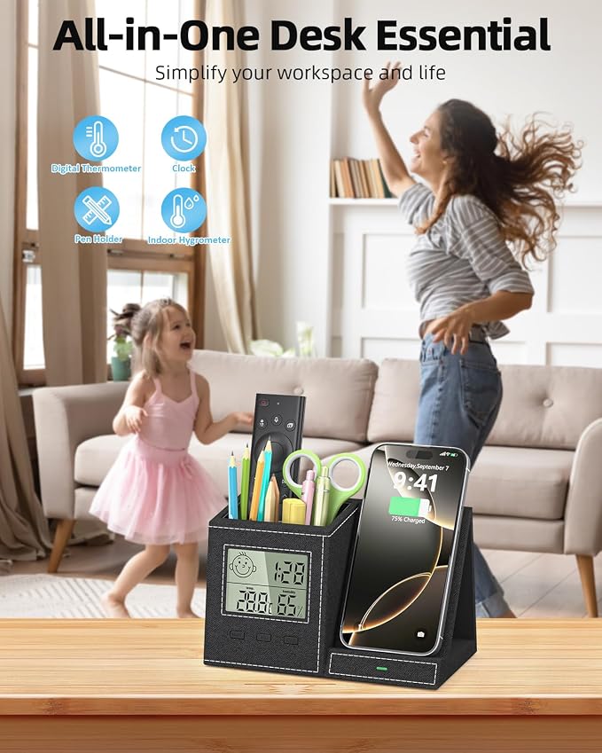 Desk Organizer with Wireless Charger, Digital Clock, Thermometer & Hygrometer - Multi-Functional Pencil Holder, Office Desk Accessories Storage Caddy for Home, Office, Men, Women (Battery Included)