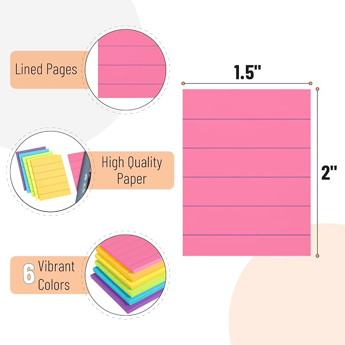 Mr. Pen- Small Lined Sticky Notes, 1.5" x 2", 6 Pads, 60 Sheets/Pad | Vibrant Color, Small Sticky Notes with Lines, Ruled Post Stickies, Memo Pads, Self-Stick Note Pad for Office, School, Home