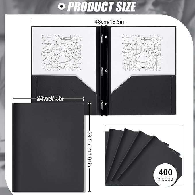 Yeaqee 400 Pcs Plastic 2 Pocket Folders with Prongs Bulk for Back to School, 3 Prong File Folders Fit Letter Size Paper, for School Office Homework Paperwork Organization Supplies (Black)