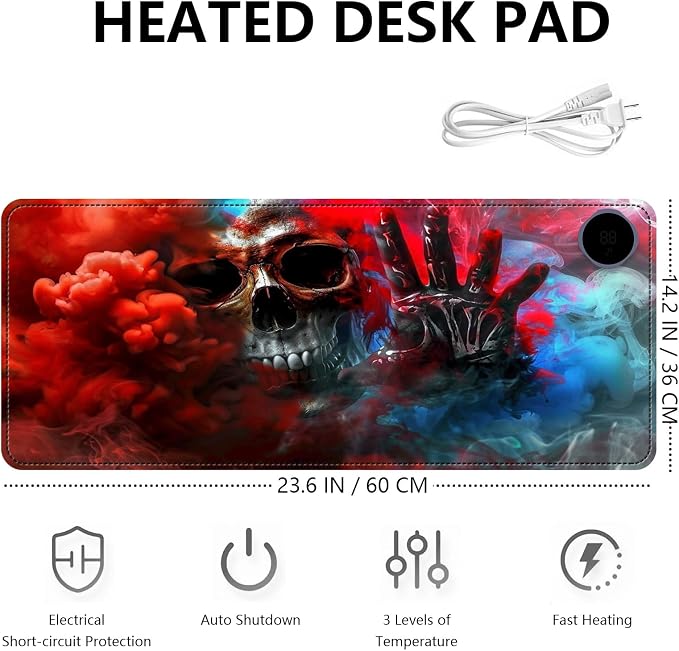 Heated Mouse Pad with 3 Levels Heated & 3 Hours Auto Shut-Off Mouse Pad for Warming Hands in Office Home, 23.6" x 14.2"Large Safe Desk Mat Hand Warmer，Skeleton in The Smoke