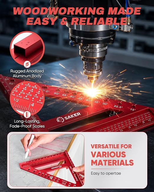 Saker 8.5Inch 3D Multi-Angle Measuring Square Ruler, Aluminum Alloy Carpenter Square,Precision Hole Scribing Ruler with Angle Pin for Woodworking, Engineering, and Construction Projects
