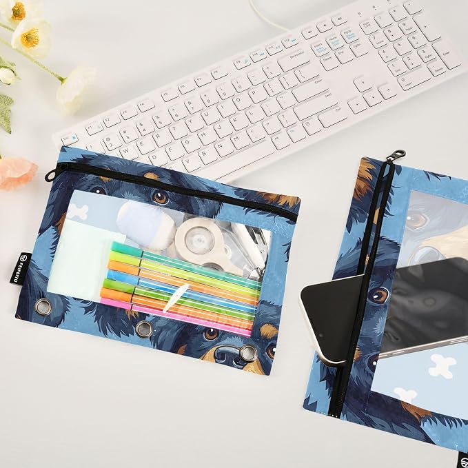 Rottweiler Bone Dog Pencil Pouch for 3 Ring Binder 2 Pack Zipper Binder Pencil Bag with Clear Window Pencil Case for Office Supplies