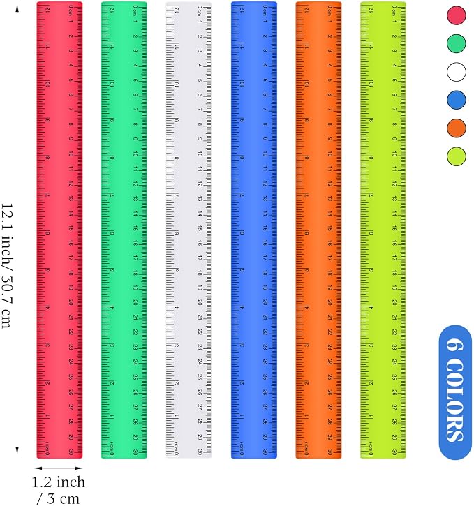 Zonon 6 Pcs 12 Inch Ruler Bulk Colorful Plastic Flexible Straight Metric Rulers with Centimeters and Inches Drafting Measuring Tool for Classroom School Students Education