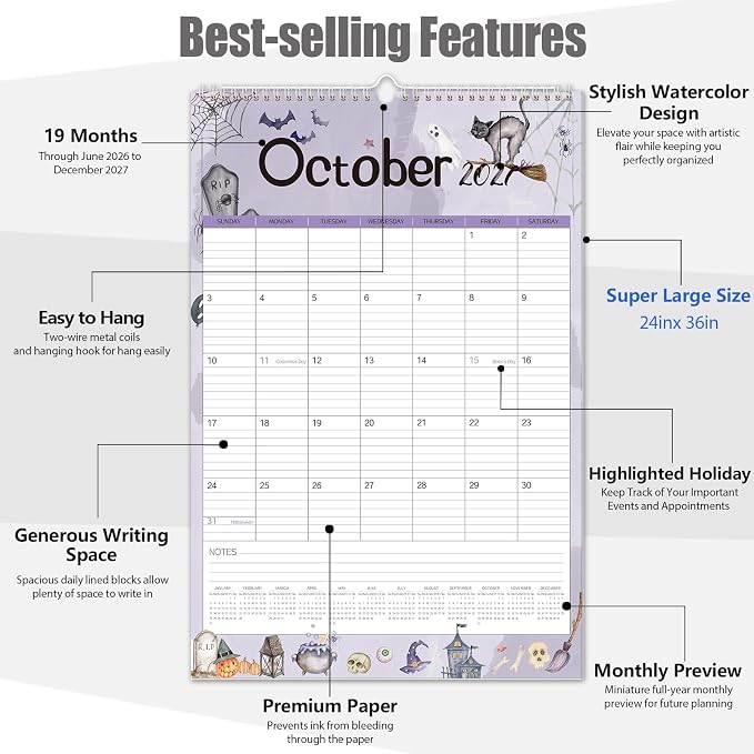 GuassLee Extra Large Wall Calendar 2026,36"x 24" Vertical Jumbo Hanging Wall Planner, 19-Month Aesthetic Large Calendar Jun. 2026 to Dec. 2027 with Thick Paper Watercolor Design for Easy Organizing