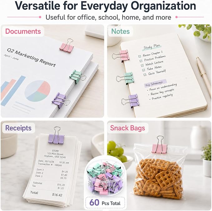 Binder Clips Assorted Sizes, Durable Metal Binder Clips for Office, Cute Desk Supplies for Teachers Student (120, Morandi)