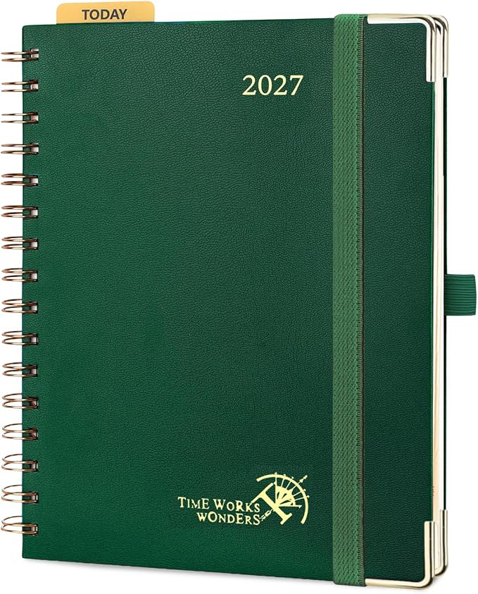 POPRUN 2027 Planner Daily Weekly and Monthly Calendar with Hourly Schedule(Medium Size 8.5'' x 6.25'' Wire-Bound Hard Cover) - Agenda 2027 (Jan.2027-Dec.2027), Monthly Tabs - Dark Green