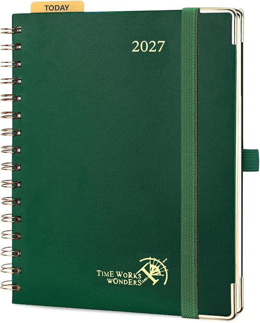 POPRUN 2027 Planner Daily Weekly and Monthly Calendar with Hourly Schedule(Medium Size 8.5'' x 6.25'' Wire-Bound Hard Cover) - Agenda 2027 (Jan.2027-Dec.2027), Monthly Tabs - Dark Green