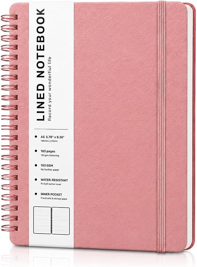 Lined Spiral Journal Notebook with 160 Pages, 8×5.7in, A5 Spiral Notebook, Journaling Notebooks for Work, School, Women, Men, College Ruled Spiral Notebook, Hardcover Leather Journals, Light Red