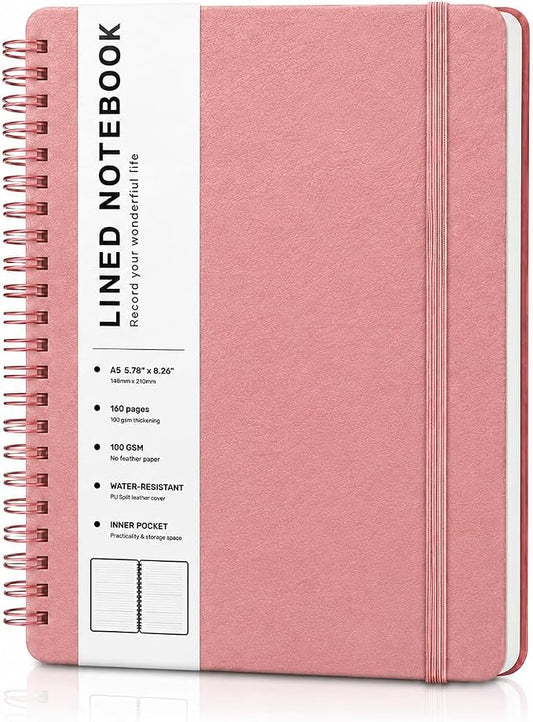 Lined Spiral Journal Notebook with 160 Pages, 8×5.7in, A5 Spiral Notebook, Journaling Notebooks for Work, School, Women, Men, College Ruled Spiral Notebook, Hardcover Leather Journals, Light Red
