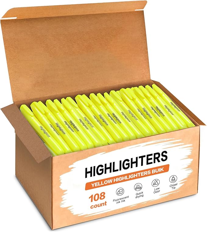 Duchong 108 Yellow Highlighters Bulk, Chisel Tip Highlighter Markers, Dry Quickly Highlighter Bright Colors, Office Classroom Must Have, Back to School Supplies for Teachers(Yellow)