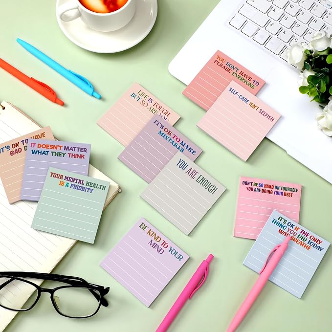 Yinder 24 Pcs Inspirational Sticky Notes, Back to School Supplies, Cute Motivational Sticky Notes Pad Employee Appreciation Gifts Bulk for Teacher Coworker Office 3 x 3'' (Mental Health,Aesthetics)