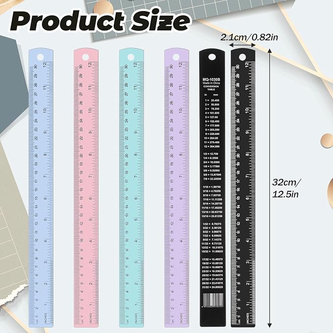 5 Pack Metal Ruler 12 Inch, Stainless Steel Ruler Kit with Centimeters, Millimeters, Inches and Conversion Table for Office and School, Easy to Read Metric Rule Set