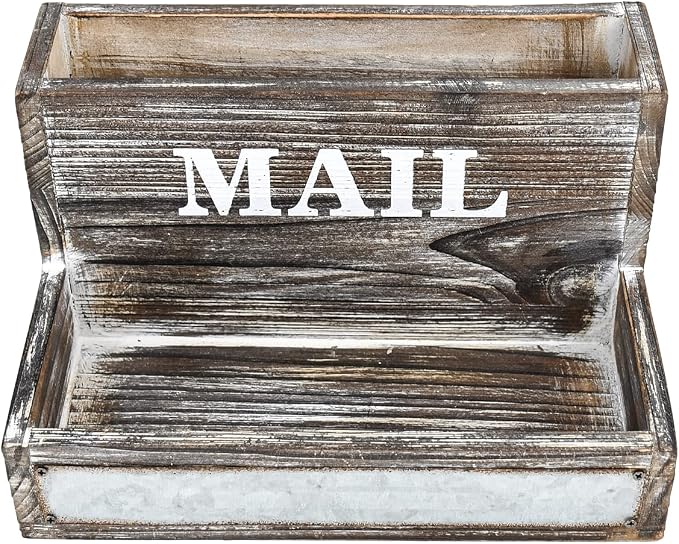 OKSQW Farmhouse Wood Desktop Desk Mail Organizer with 2-Slot Desktop Mail Sorter Holder File Organizer Bill Paper Folder Office Desk Accessories Rustic Office Supplies Home Decor