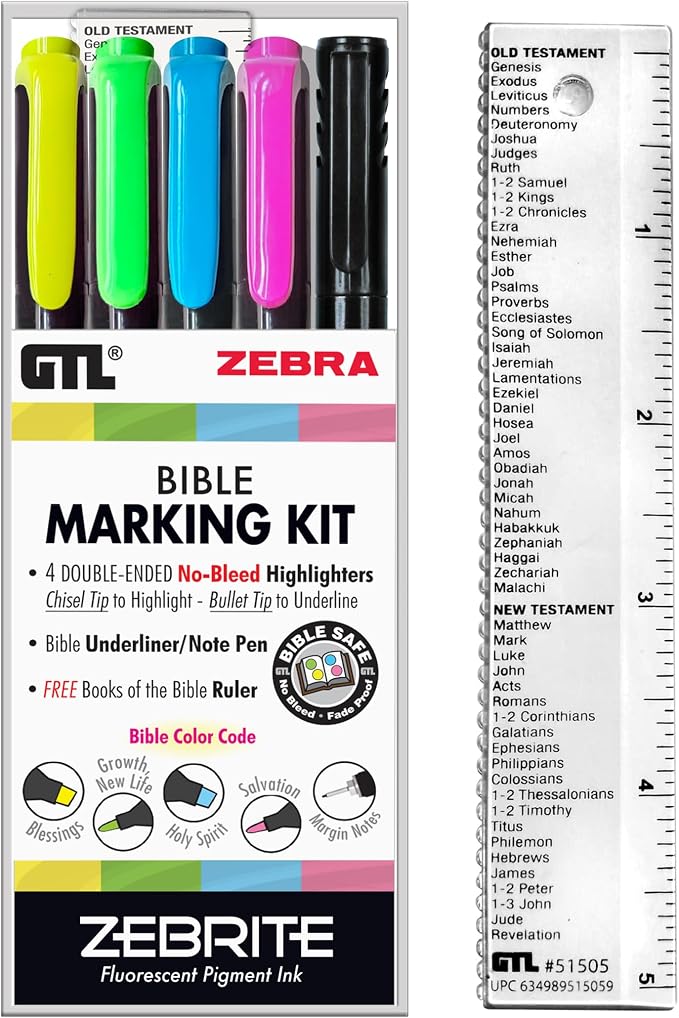 G.T. Luscombe Company, Inc. Zebrite Bible Marking Kit | No Bleed Pigmented Ink | No Fading or Smearing | Double Ended Highlighters, Note Pen & Books of the Bible Ruler/Bookmark (Set of 5 + Ruler)