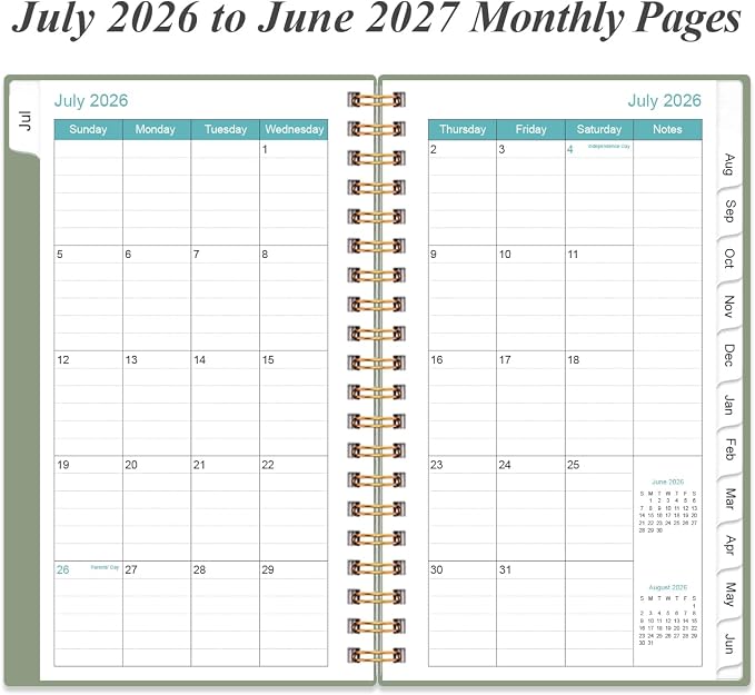 2026-2027 Pocket Planner/Calendar - 2026-2027 Planner from July 2026 - June 2027, Planner 26-27 with 12 Tabs, Twin-Wire Binding, Inner Pocket, 3.75" x 6.75, Green