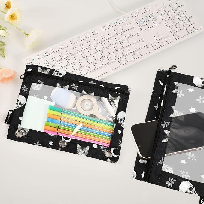 Skull Cat Moon Gothic Pencil Pouches for 3 Ring Binder, Zipper Binder Pencil Case, 2 Pack Clear Window Case Bag for Office Organizers