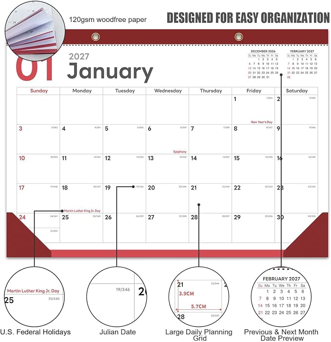 COMIX Desk Calendar 2026-2027, 17" x 12" Monthly Desktop Planner Pad with Frosted Cover, 18 Months July 2026 to December 2027, Thick 120 GSM Paper for Office School Home