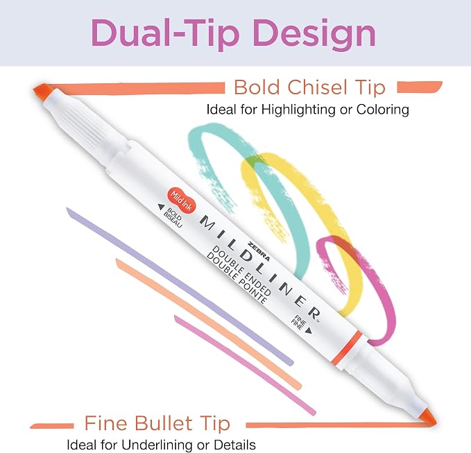 Zebra Pen Mildliner Dual-Tip Highlighter Marker Set, Broad and Fine Tips, No Bleed, Ideal for Bible Highlighting, Journaling and Note-Taking, Fluorescent and Cool Ink Colors, 10-Pack (78101)