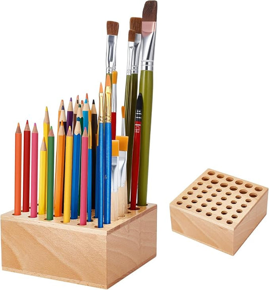 Beechwood Paint Brush Holder 42 Holes Paint Brush Storage Organizer Paintbrush Holder Organizer Wooden Block Pencil Holder for Makeup Brushes Pens and Art Tools