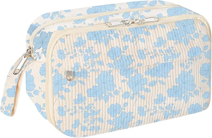 WOBAGMEN Cute Pencil Case,Large Corduroy Zippered Pencil Case Pouch, aesthetic Pencil Bag with Compartments, Pencil Pouch School Supplies (Blue Floral)