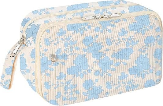 WOBAGMEN Cute Pencil Case,Large Corduroy Zippered Pencil Case Pouch, aesthetic Pencil Bag with Compartments, Pencil Pouch School Supplies (Blue Floral)