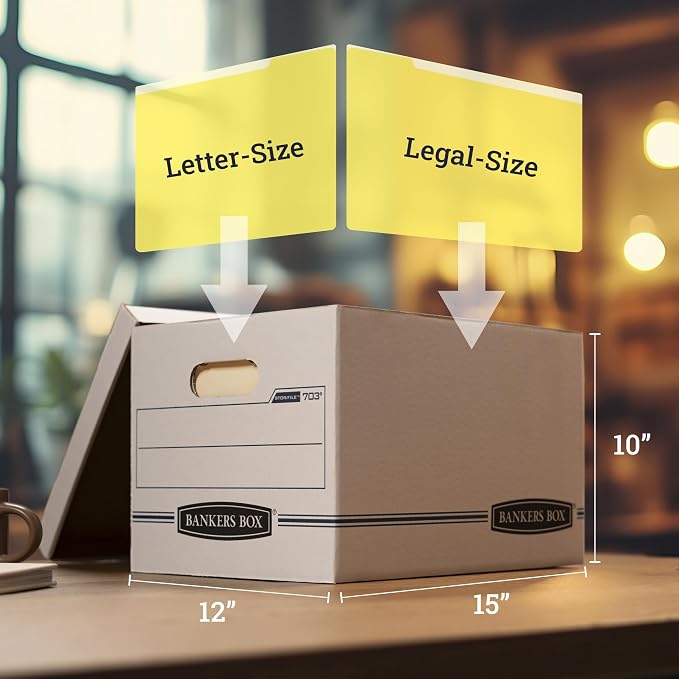 Bankers Box 12-Pack Basic-Duty File Storage Box with Lid, Letter/Legal | Tame everyday paperwork with affordable file boxes, lift-off lids, and reinforced handles for simple record storage.
