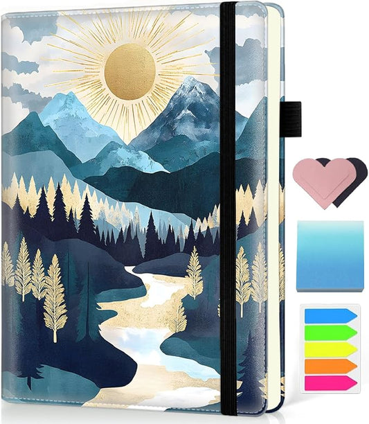 Hardcover Executive Notebooks, A5 PU Leather Lined Journal Notebook, 200 Pages Thick Paper Subject Notebooks for School,Work,Home Writing Business Notebook, Diary Book ，Valley Sunrise Mountains
