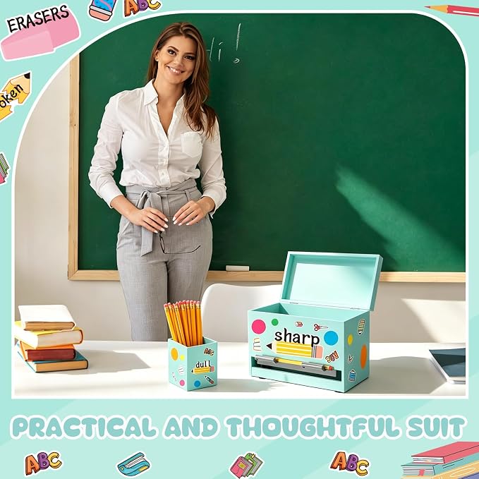 Mifoci Wooden Pencil Dispenser Kit for Classroom Wooden Pen Holder Straw Dispenser Sharp and Dull Letter Stickers for Teachers Classroom Supplies Storage(Light Green)